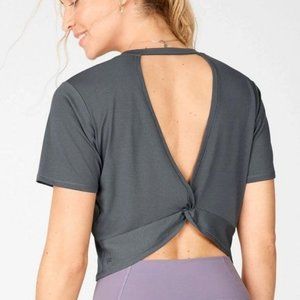 Fabletics Pia Powertouch Light Twist Back Open Cutout Crop Top Tee Gray - Size S